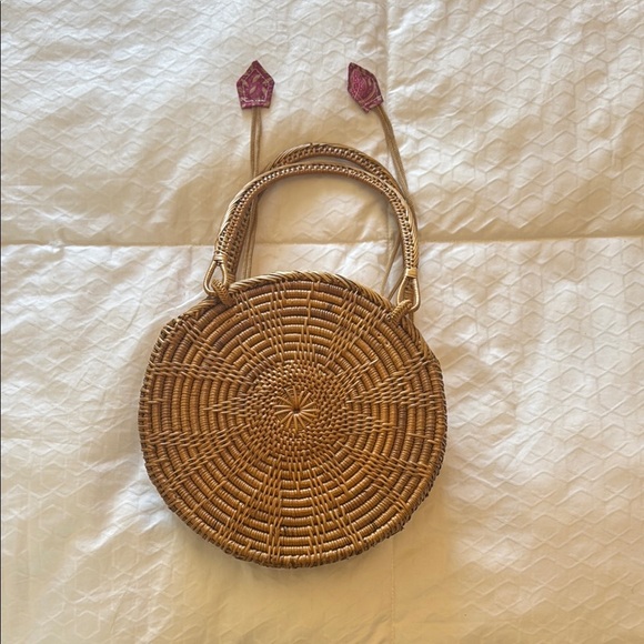 Round Woven Tan Bag Handcrafted in Bali - Picture 2 of 5